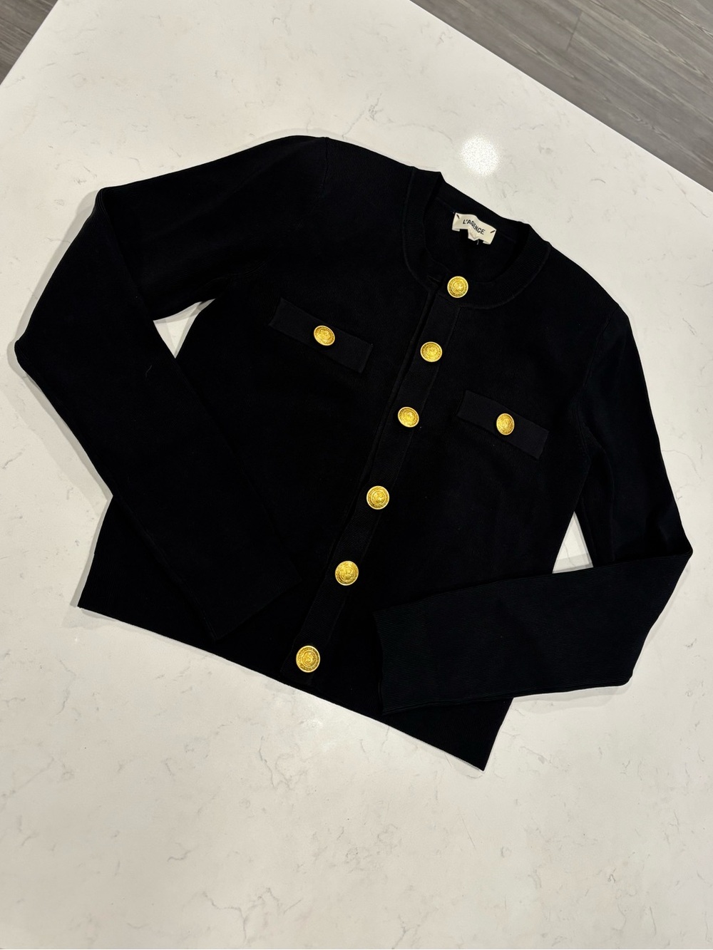 L'AGENCE Black Ribbed Knit Cardigan with Gold Buttons
